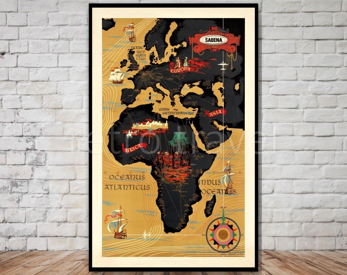 Sabena Airline Vintage Route Map Of Europe And Africa Poster
