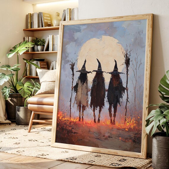 Three Witches Coven Full Moon Atmospheric Halloween Art Poster