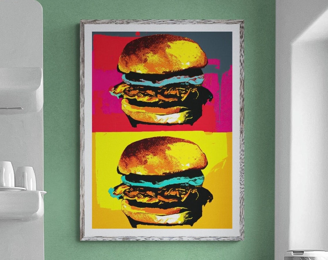 Double Burger Retro Pop Art Pink Yellow Fast Food Kitchen Poster - Image 3