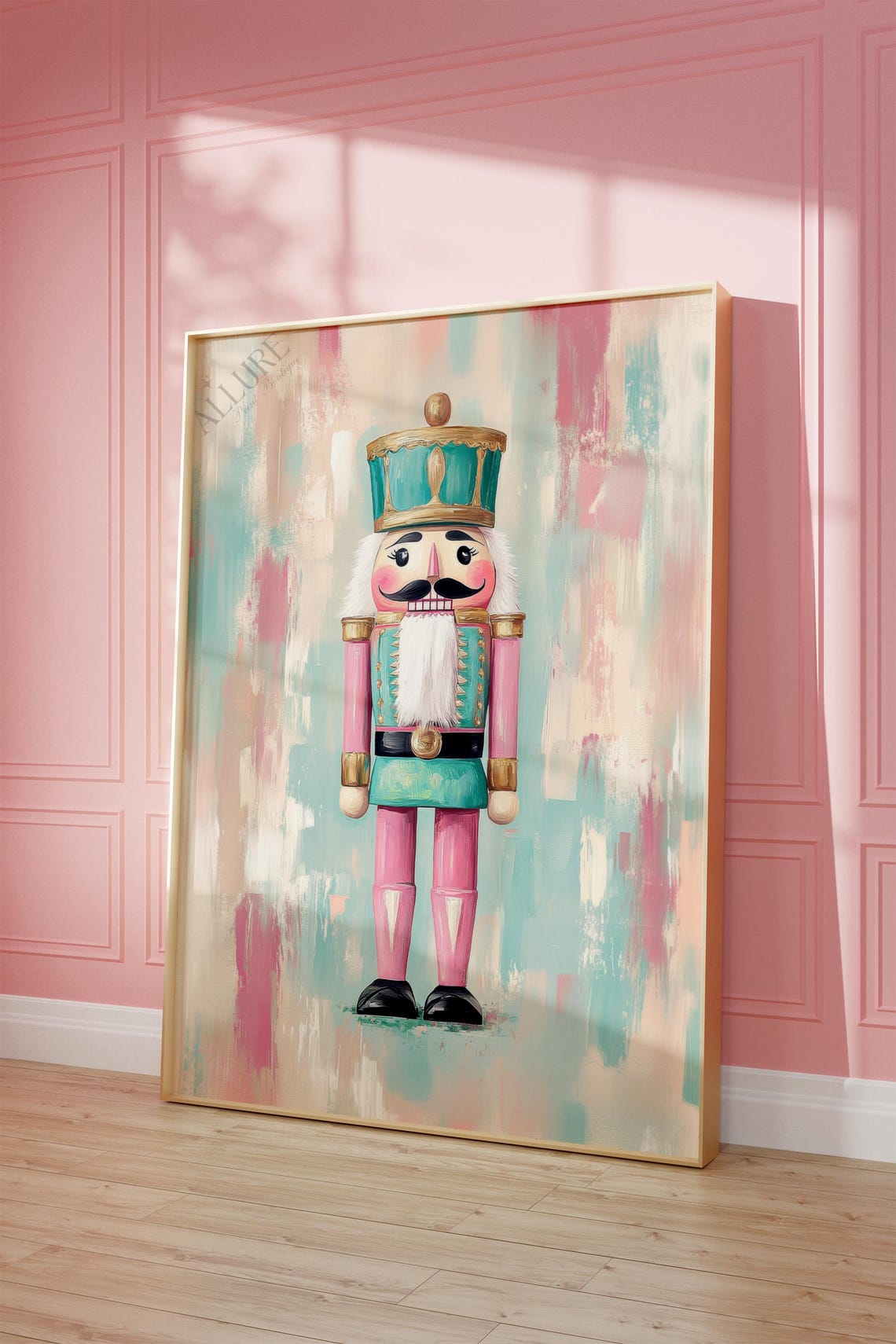 Pastel Pink and Teal Nutcracker Soldier Christmas Painting Poster - Image 3