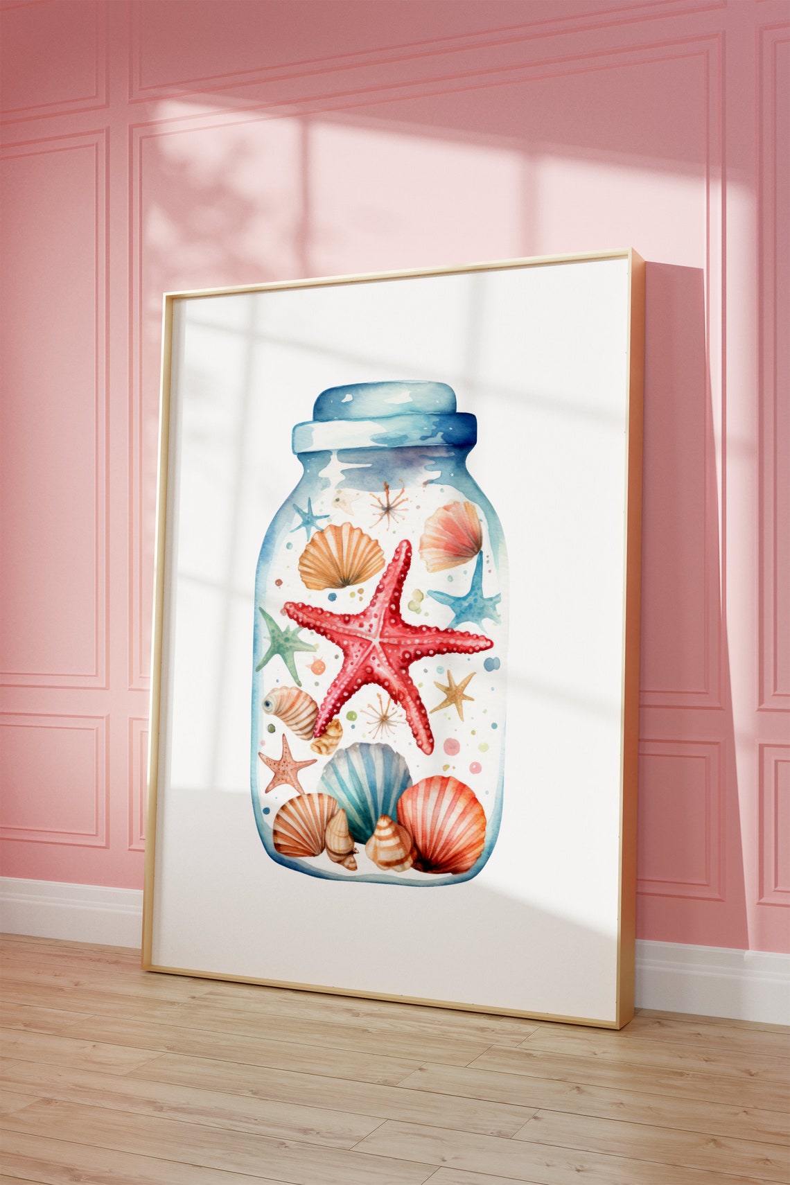 Watercolor Coral Starfish And Shells In Wide Mason Jar Poster - Image 3