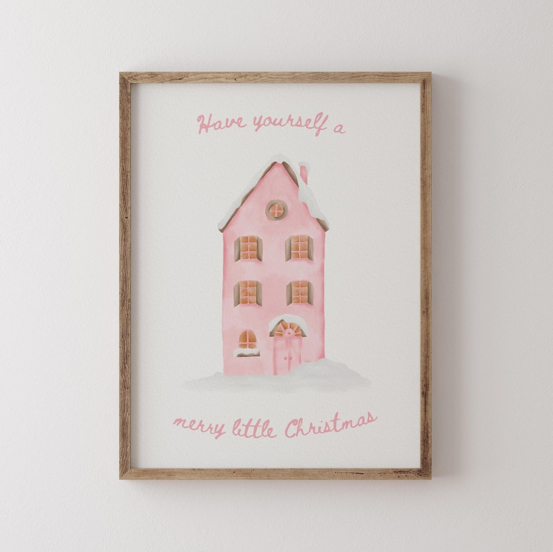Pink Snowy Christmas House Watercolor Cozy Holiday Village Wall Art - Image 3