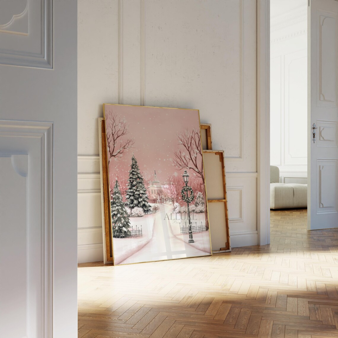 Pink Christmas Village Print, Pastel Holiday Town - Image 2