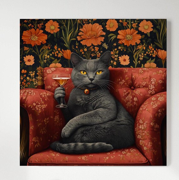 Maximalist Cat Art, Whimsical Vintage Cat Decor