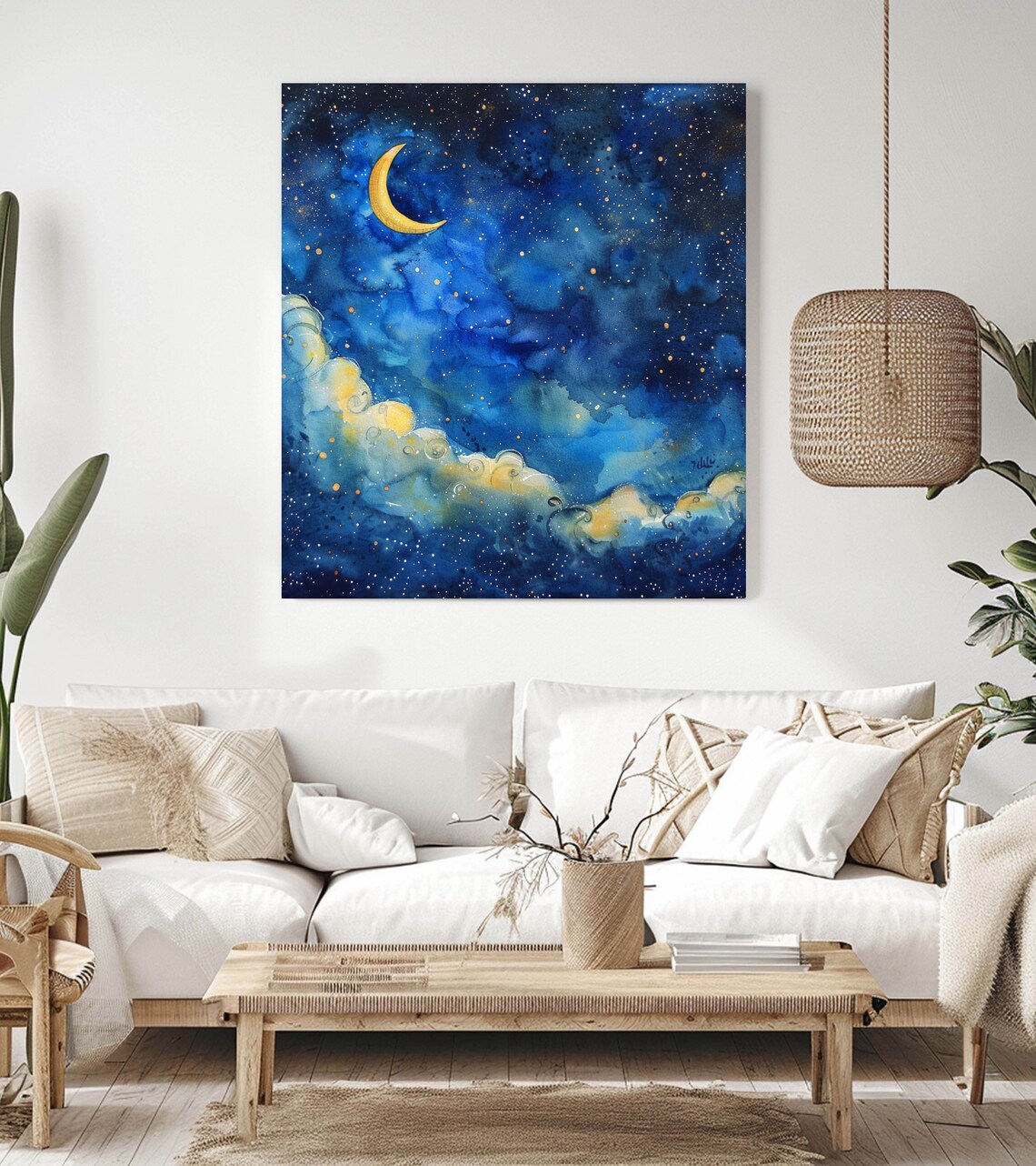Starry Night Sky With Crescent Moon, Boho Decor - Image 2