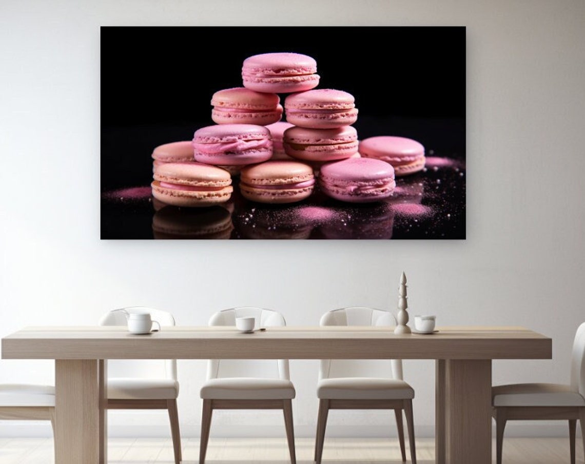 Pink Macarons Stack Black Background Kitchen Dessert Art Poster