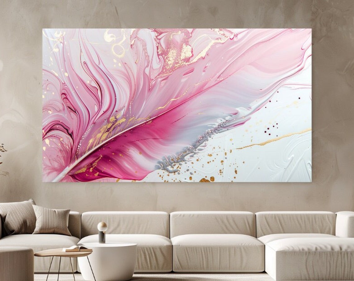 Blush Pink Abstract Feather Gold Ink Fluid Marble Swirl Art Poster