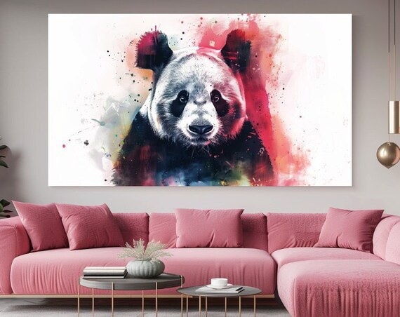 Watercolor Panda Bear Portrait With Colorful Paint Splashes Wall Art