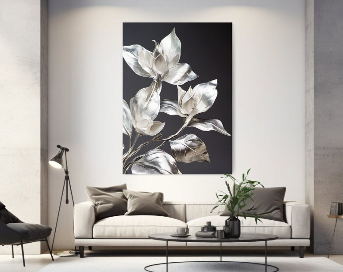 Silver Metallic Leaves on Dark Background Botanical Wall Art