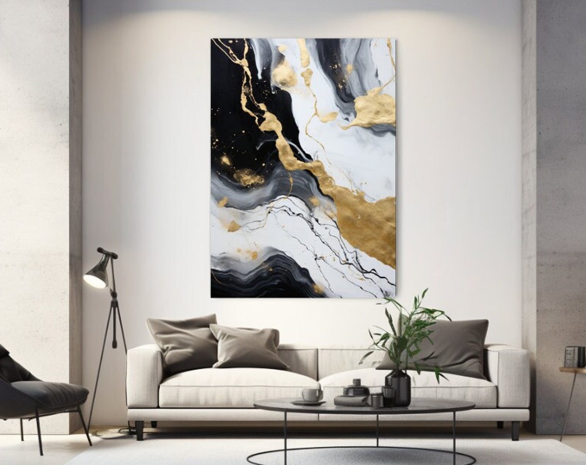 Black White Gold Marble Veins Elegant Luxury Abstract Poster