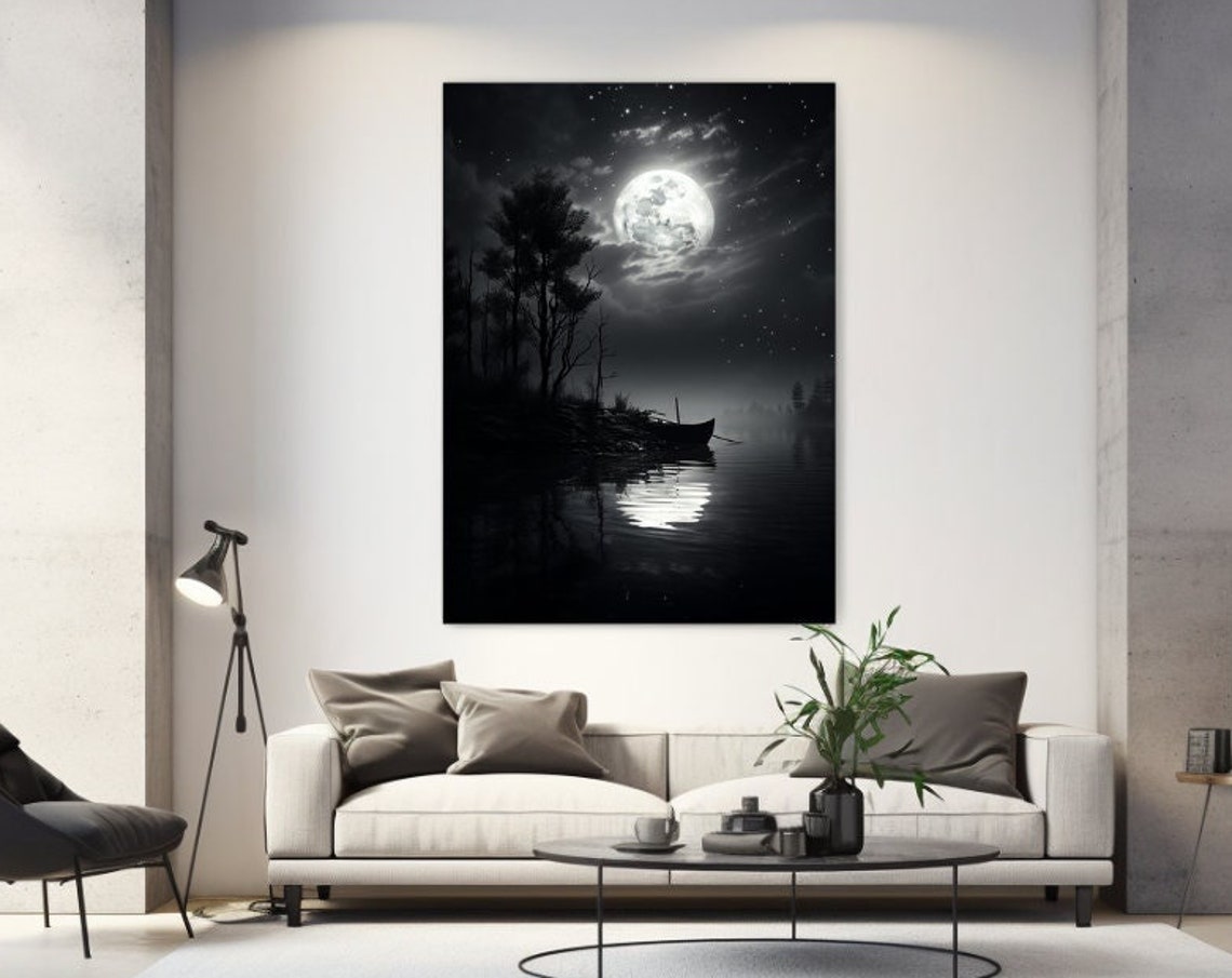 Full Moon Lake Canoe Night Black White Moody Serene Nature Poster