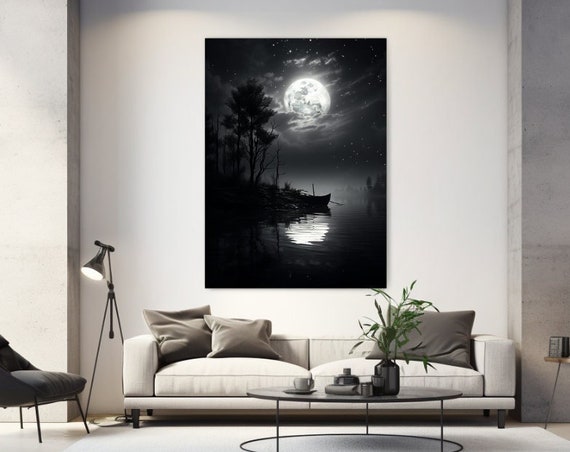 Moon Night Print Black And White Picture Aesthetic Design Luxury Home Decor Wall Art Gift Room Wall Hanging