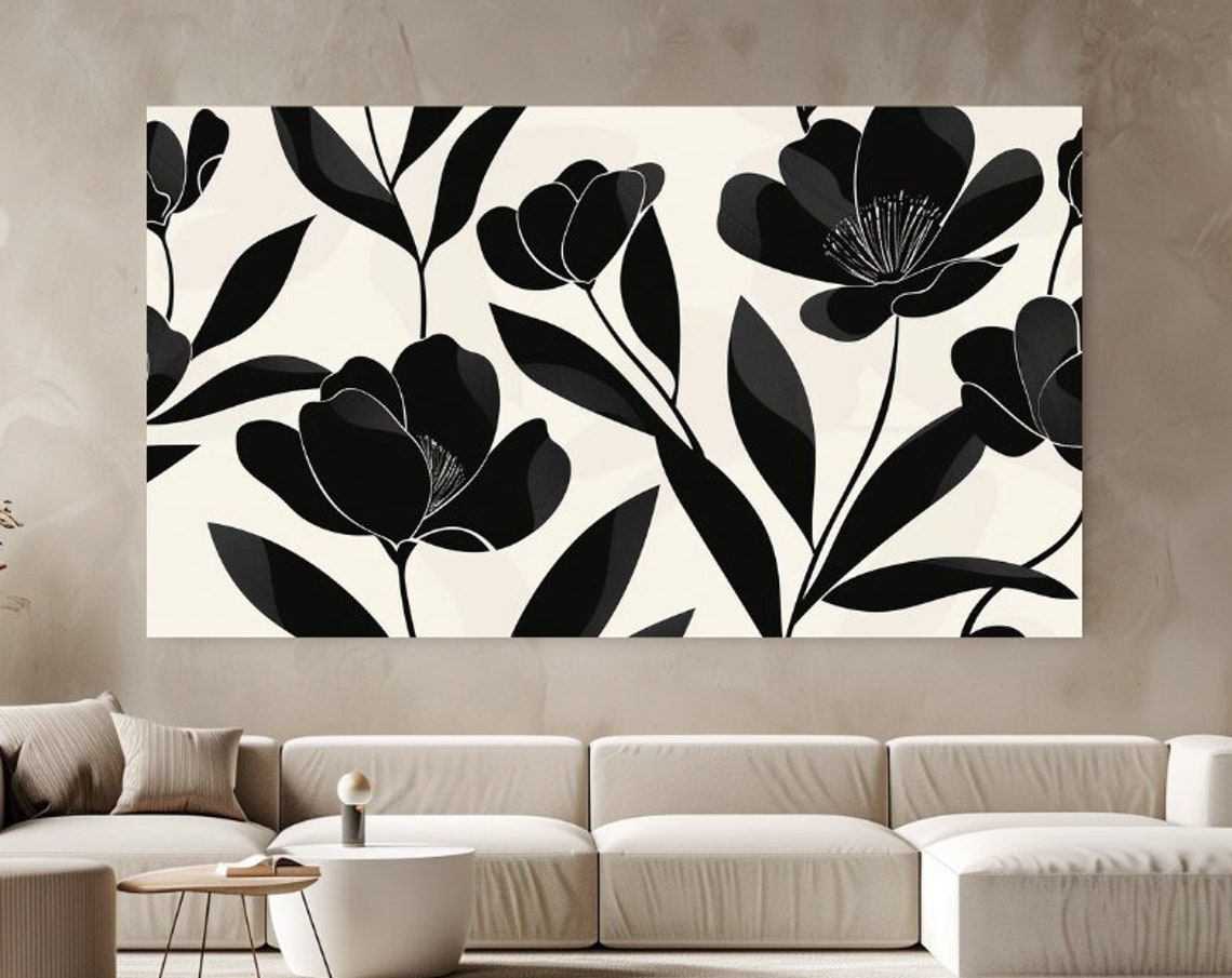 Black Floral Silhouette Stems Cream Background Modern Wall Art Print
