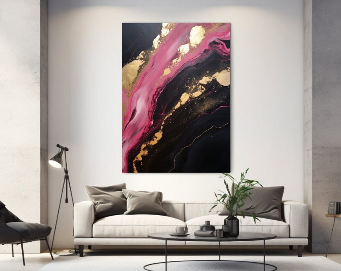 Magenta Pink Black Gold Marble Swirls Bold Abstract Art Poster