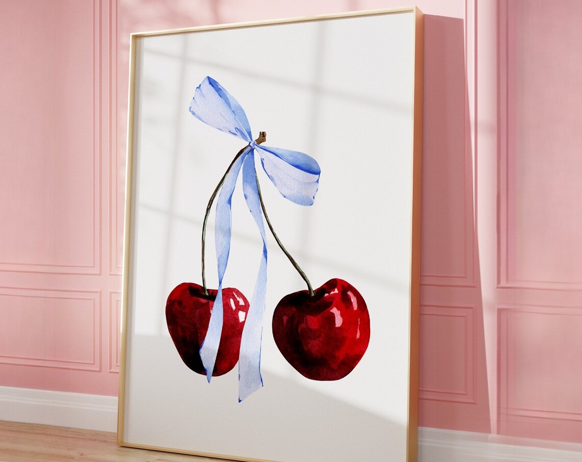 Red Cherries Tied With Light Blue Bow Coquette Watercolor Poster - Image 3