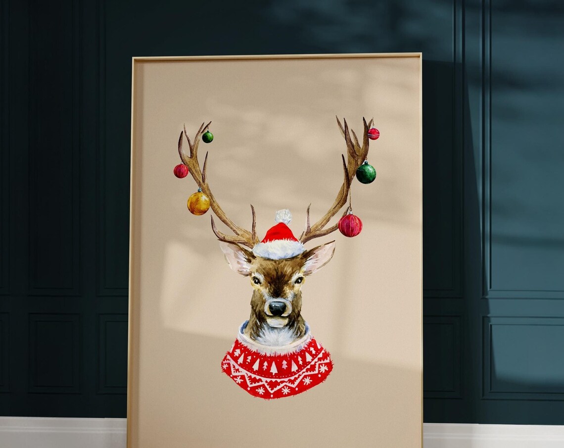 Santa Hat Reindeer In Christmas Sweater Watercolor Holiday Poster