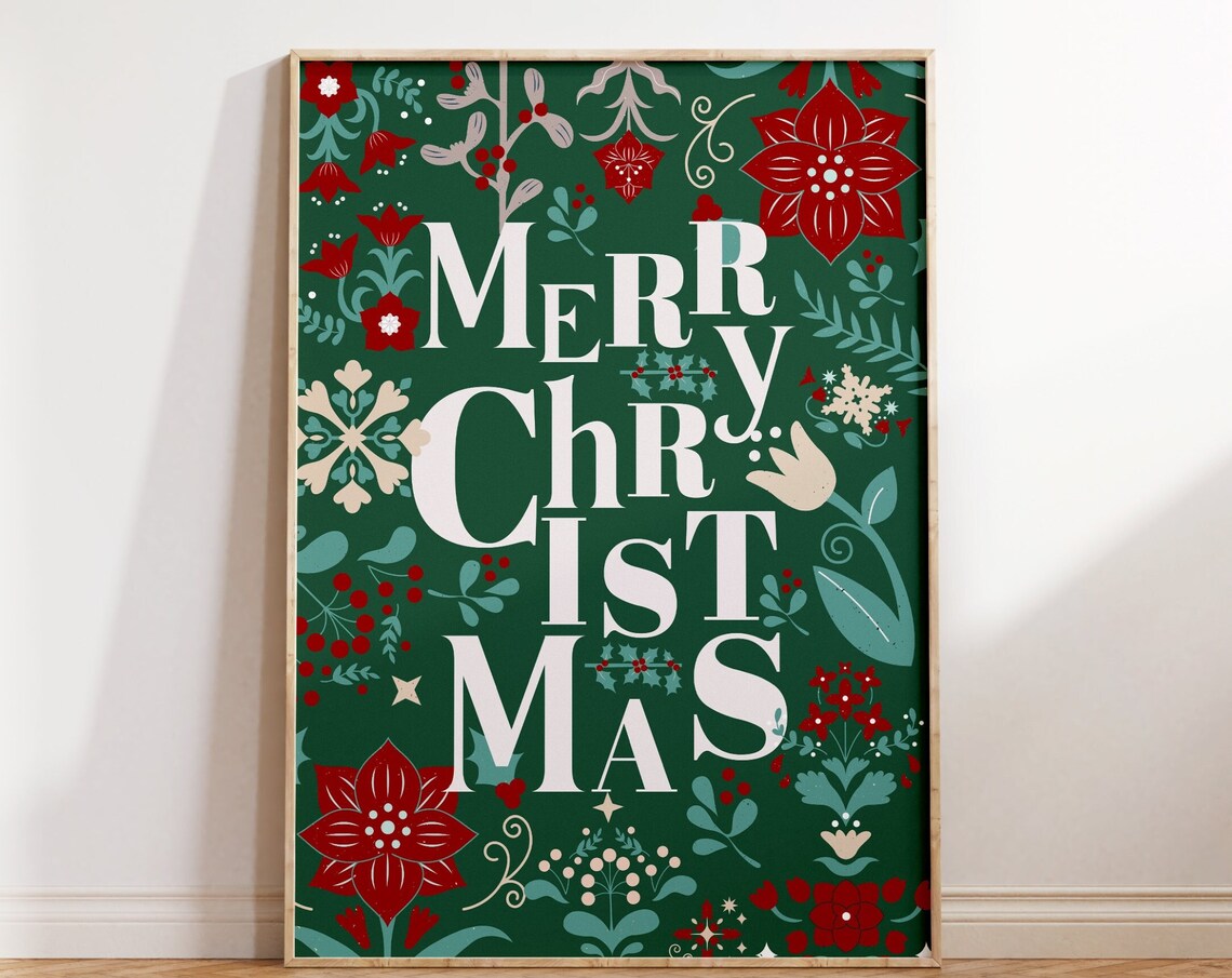 Merry Christmas Floral Typography Green Poinsettia Holiday Poster