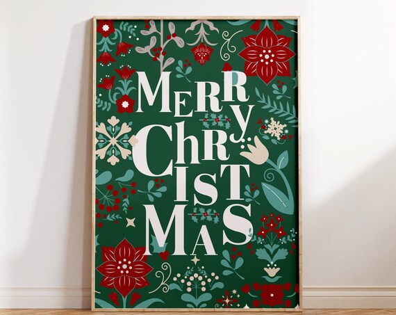 Merry Christmas Floral Typography Green Poinsettia Holiday Poster