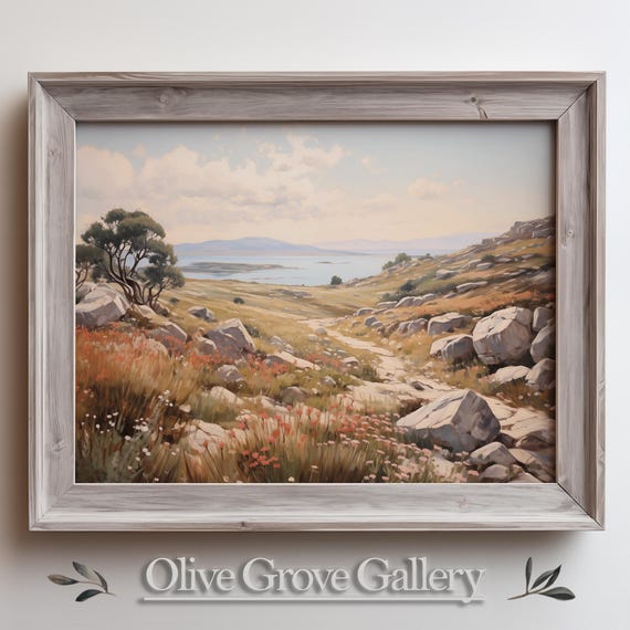 Serene Countryside Landscape Wall Art Peaceful Nature Scene Painting Rolling Hills Water View Rustic Field Decor Tranquil Outdoor Art