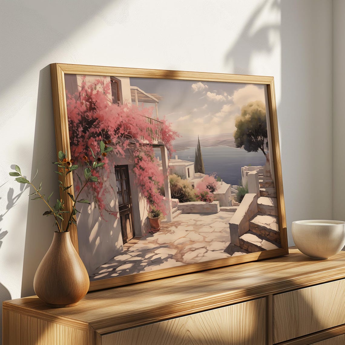 Mediterranean Village Bougainvillea Seaside Steps Oil Painting Poster - Image 4