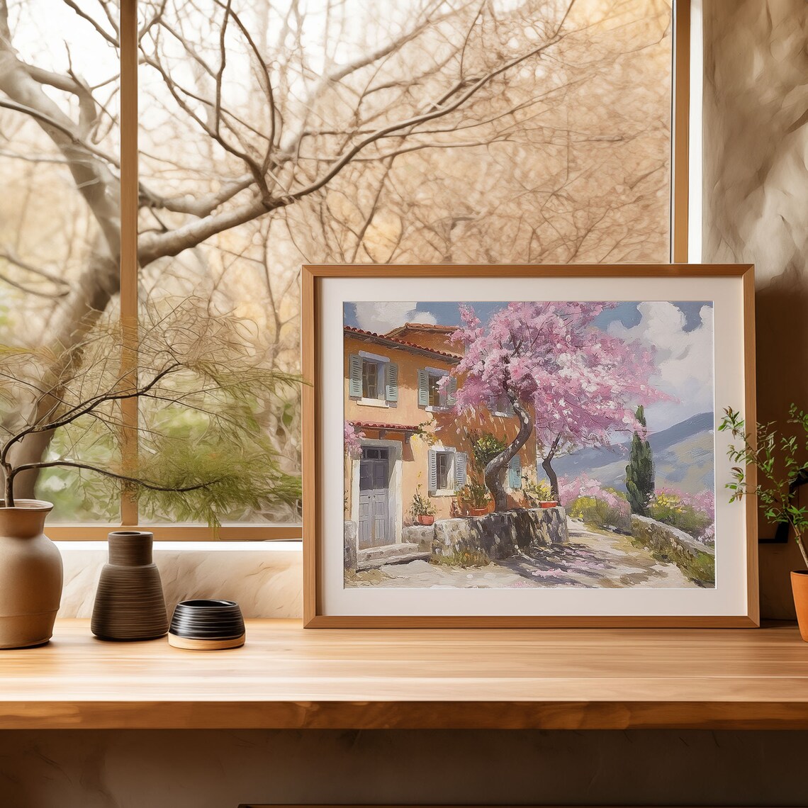 Mediterranean Villa Pink Flowering Trees Spring Blossom Oil Painting Poster - Image 4