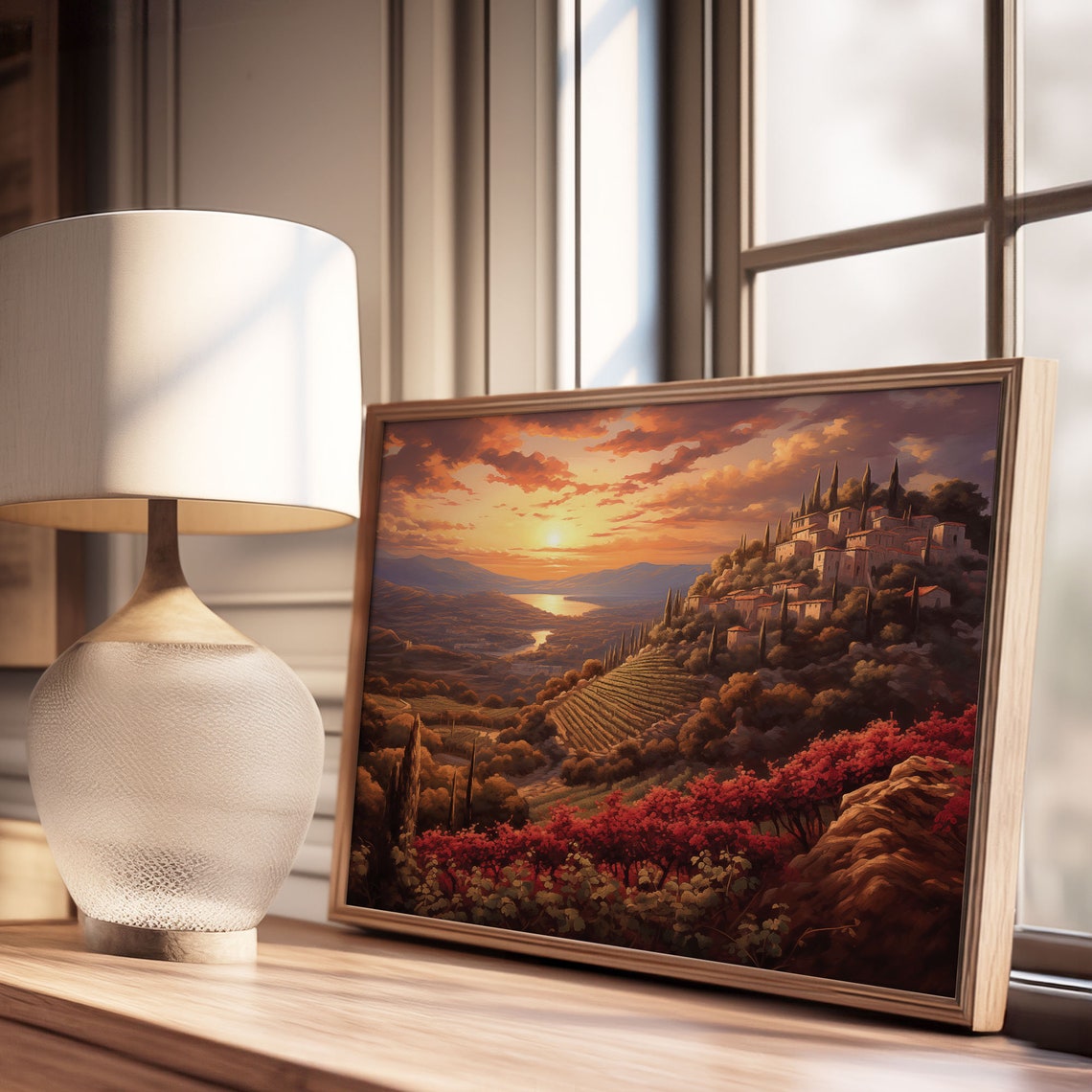 Sunset Hillside Village Terraced Vineyards Autumn Oil Painting Poster - Image 3
