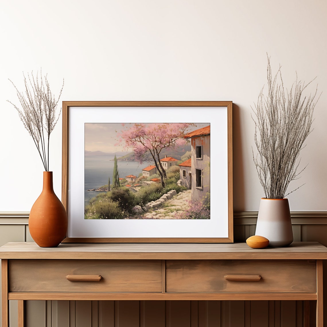 Spring Blossom Coastal Village Hillside Oil Painting Style Poster - Image 4