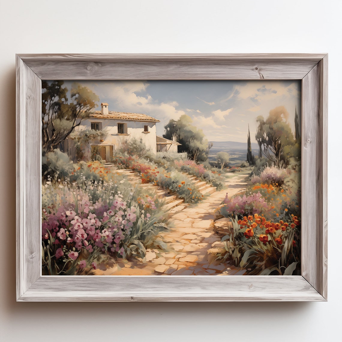 Tuscan Villa Garden Path With Blooming Flowers Cypress Vintage Poster