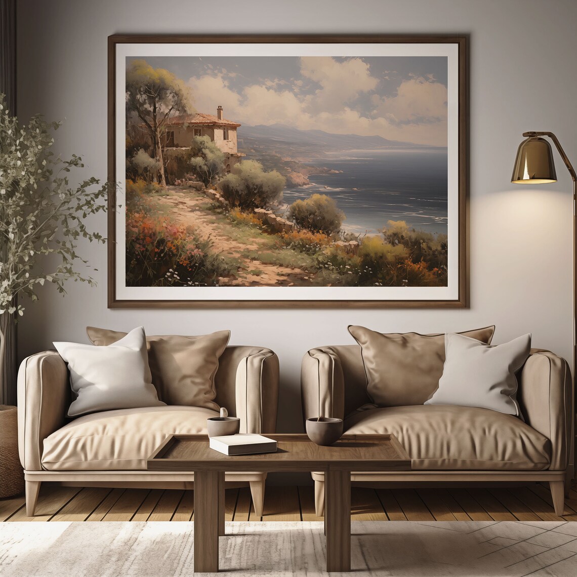 Hillside Stone Farmhouse Above the Sea Wildflowers Oil Painting Poster - Image 2
