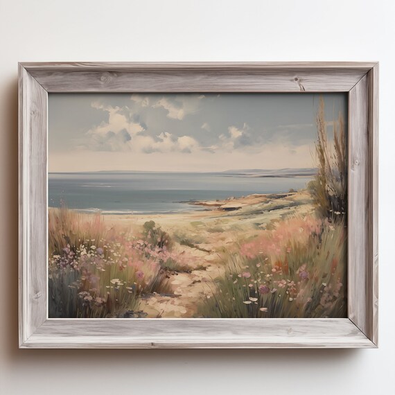 Serene Wildflower Dunes Sandy Beach Calm Sea Pastel Sky Poster