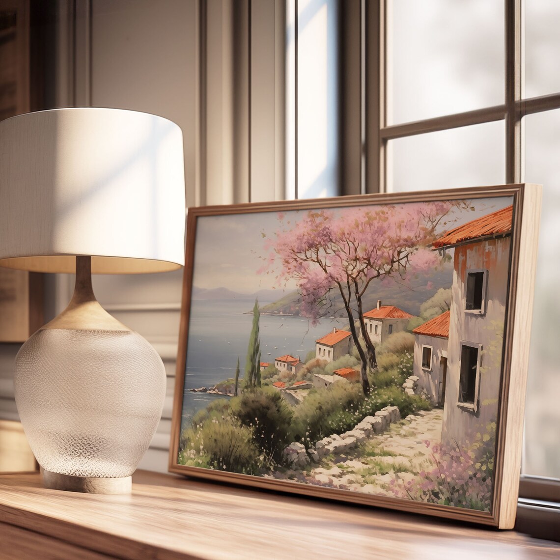 Spring Blossom Coastal Village Hillside Oil Painting Style Poster - Image 3