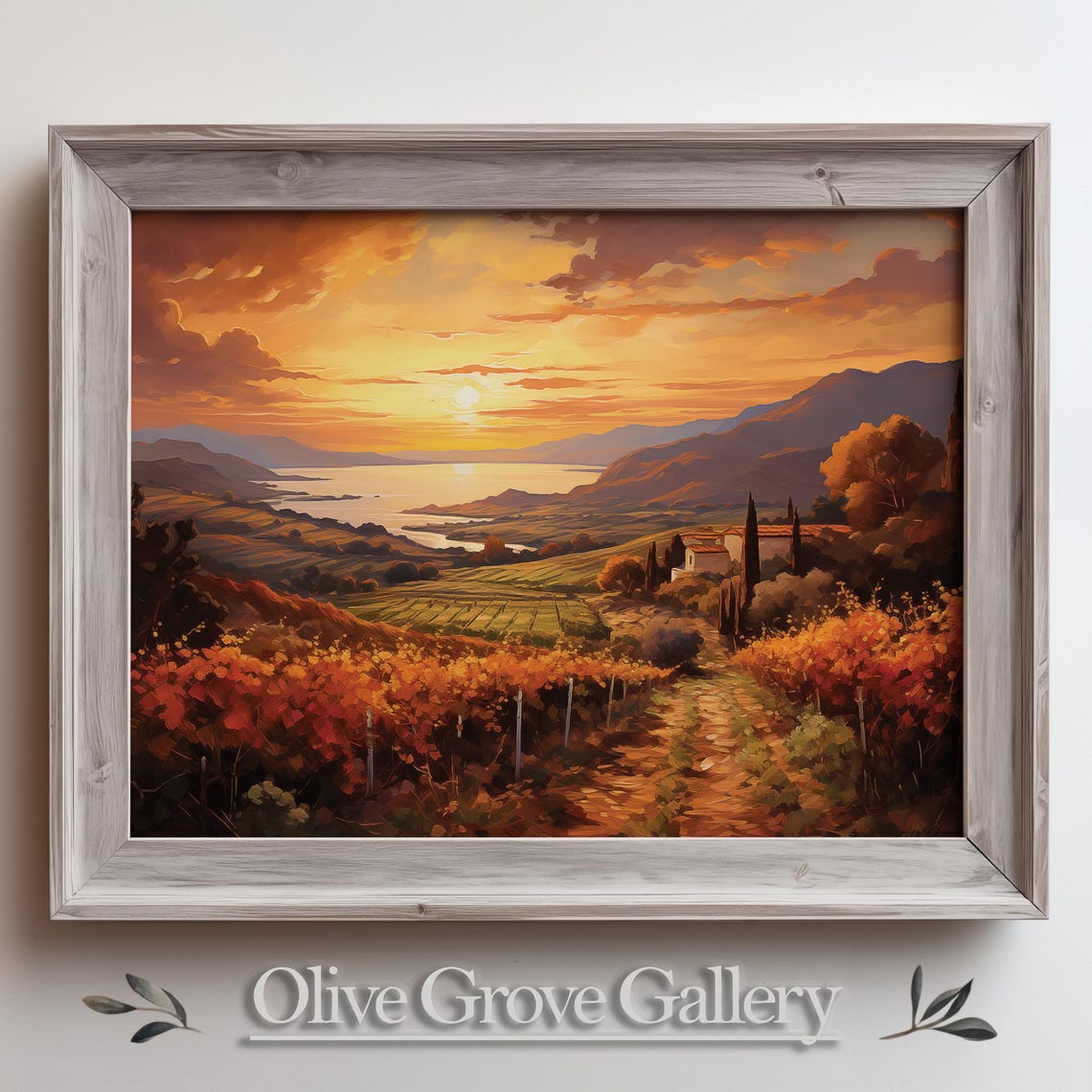 Sunset Over Vineyard Rows With Lake And Farmhouse Vintage Poster