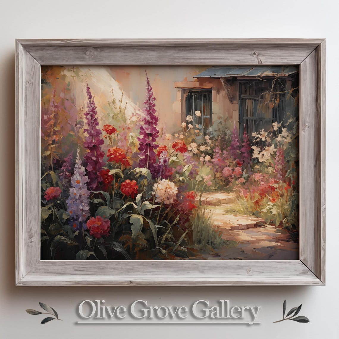 Tall Foxglove Garden Path Stone Steps Vintage Oil Painting Poster