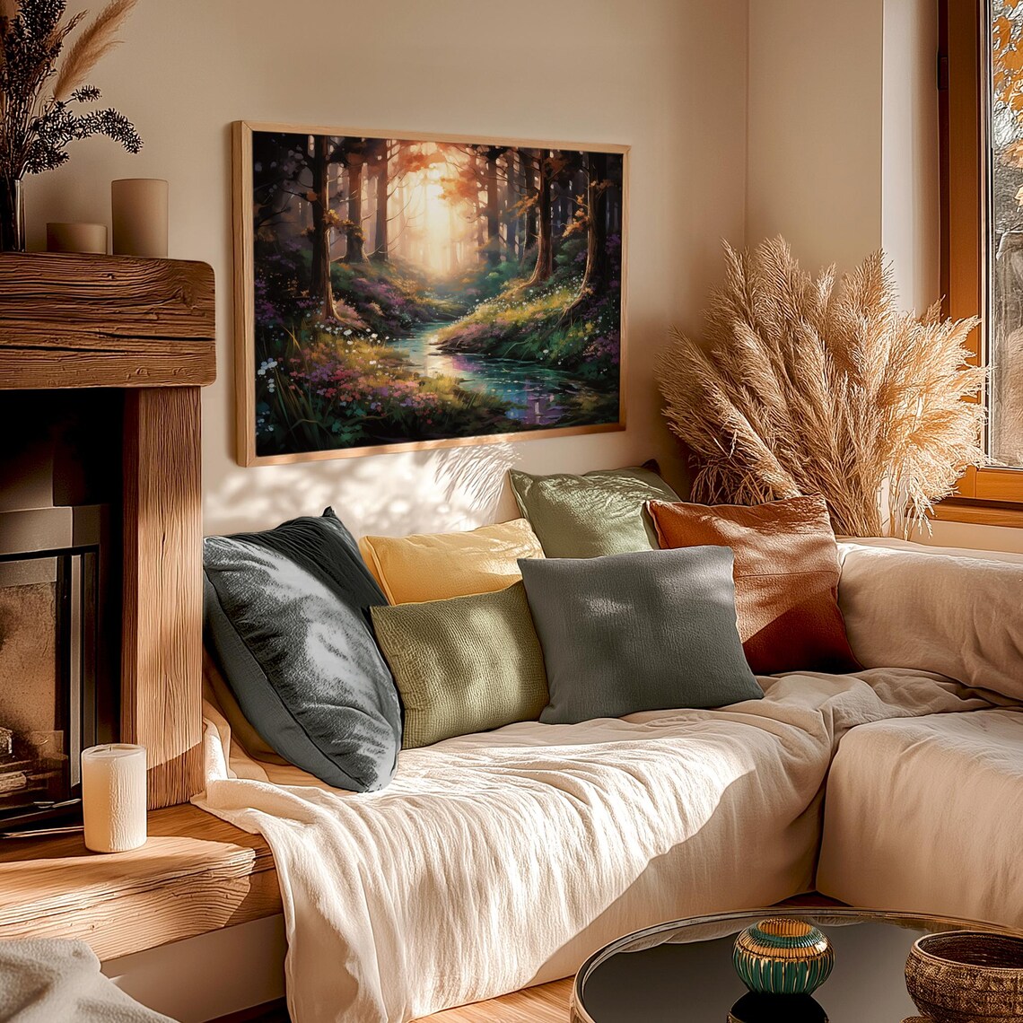 Dreamy Golden Sunset Forest Creek Wildflower Glow Nature Poster - Image 3