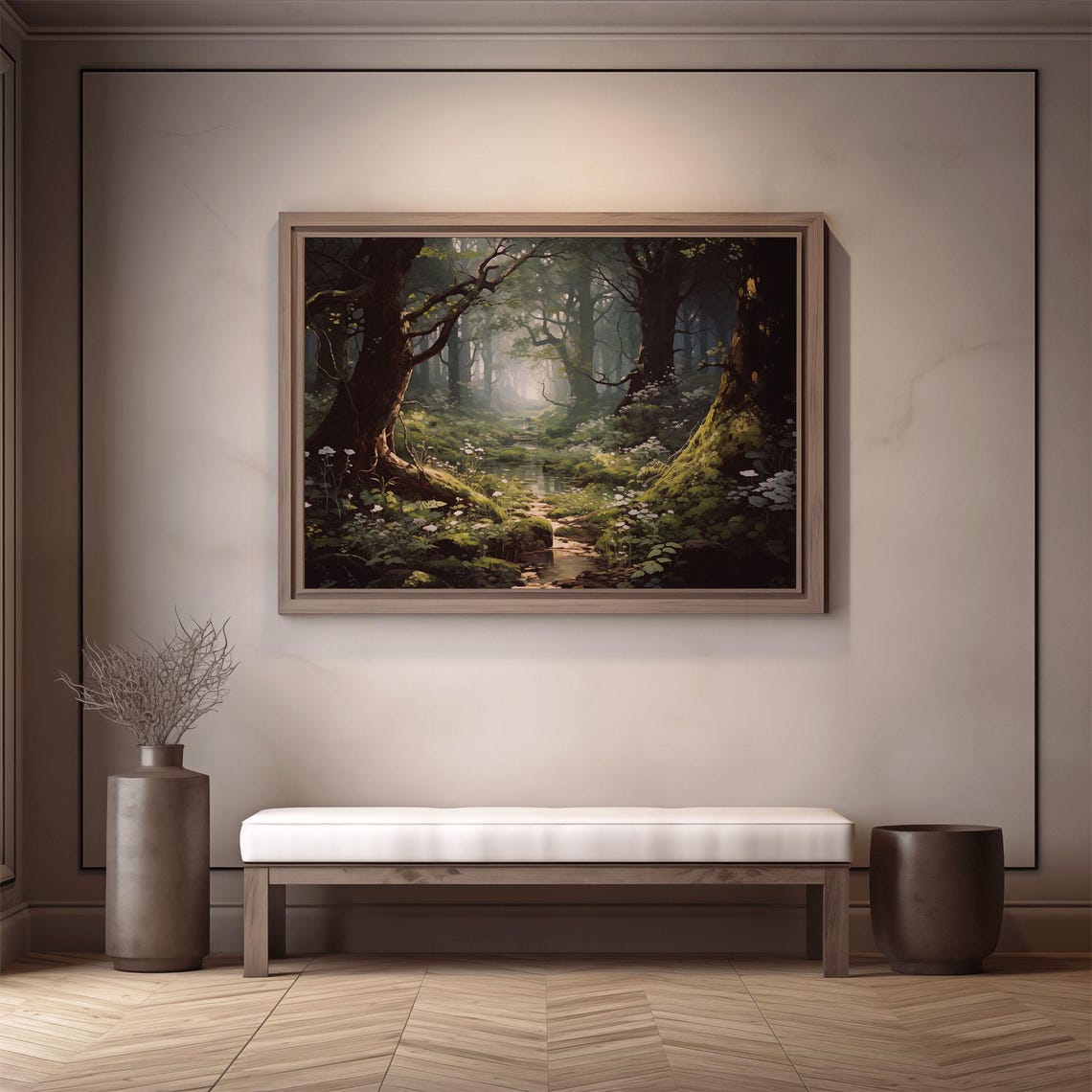 Enchanted Misty Forest Stream With Moss And Wildflowers Vintage Print - Image 3
