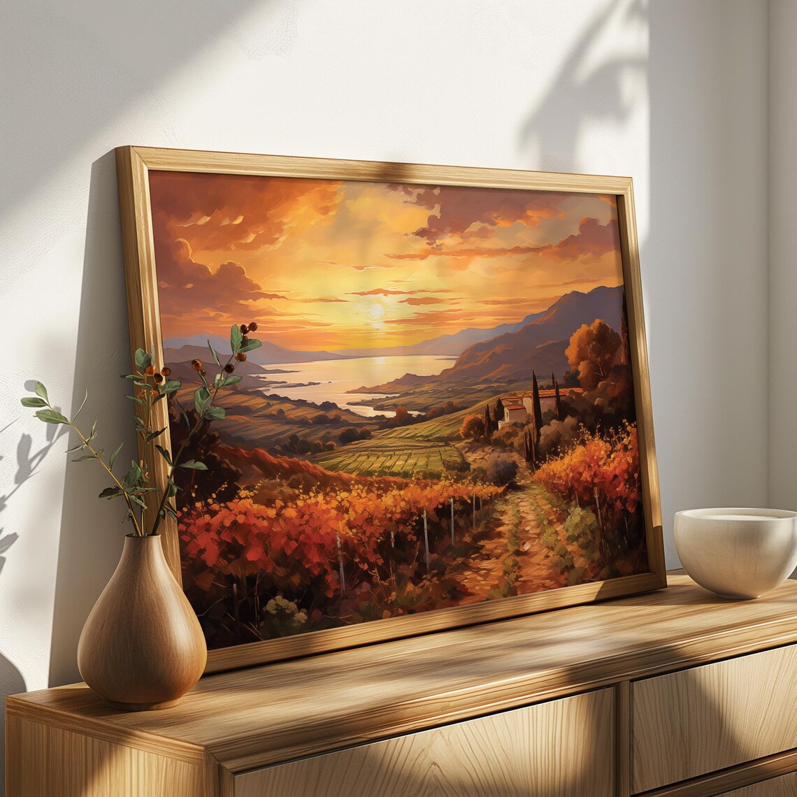 Sunset Over Vineyard Rows With Lake And Farmhouse Vintage Poster - Image 4