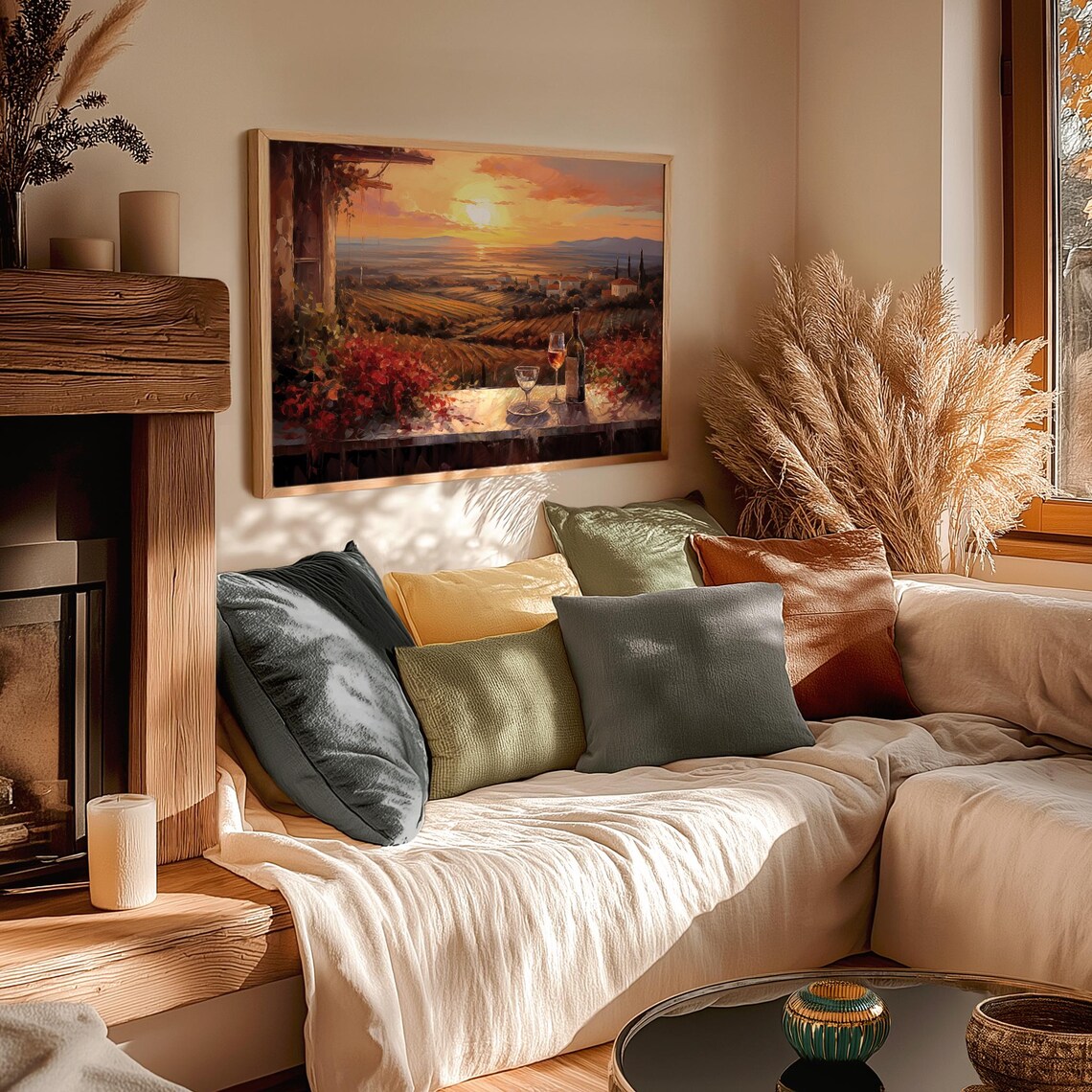 Wine Bottle And Glasses On Terrace Overlooking Vineyard Sunset Poster - Image 3