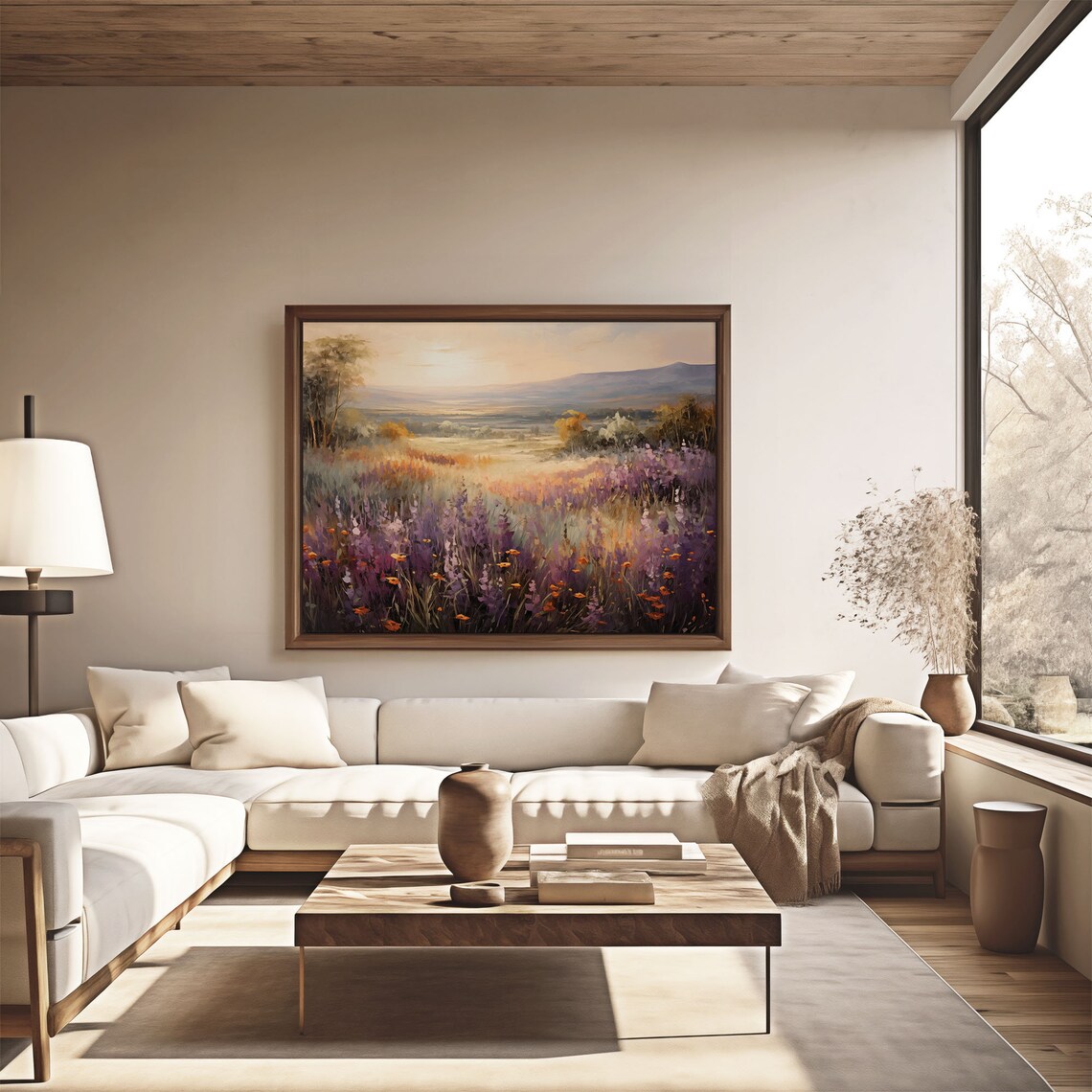 Purple Lavender Field Sunrise Valley Landscape Oil Painting Poster - Image 4