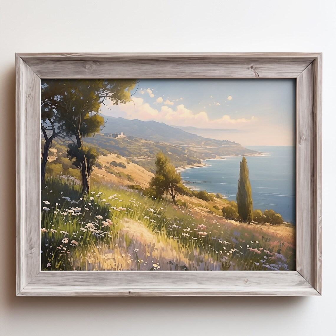 Mediterranean Wildflower Hillside Coast Trees Sunny Seaside View Poster