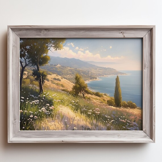 Mediterranean Wildflower Hillside Coast Trees Sunny Seaside View Poster