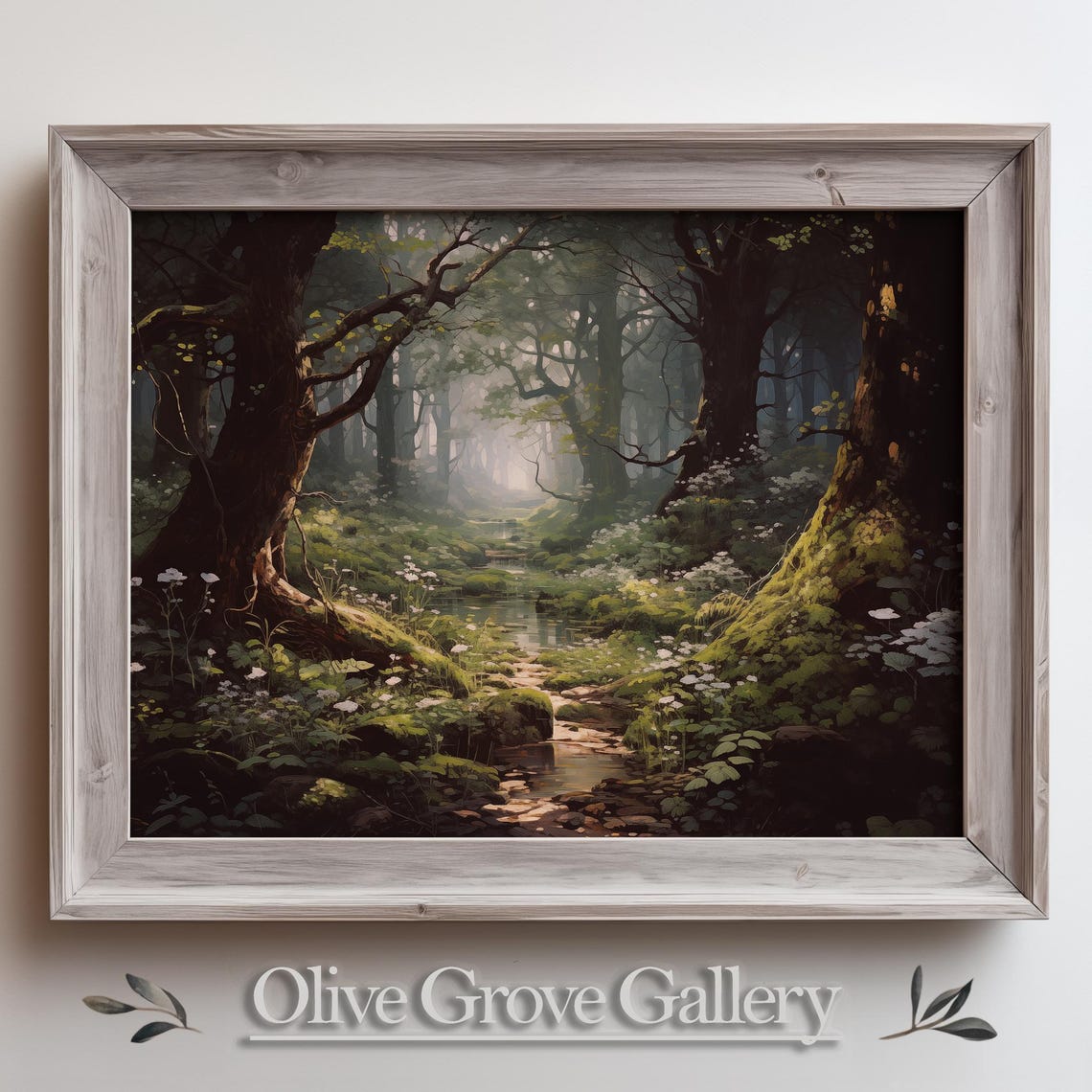 Enchanted Misty Forest Stream With Moss And Wildflowers Vintage Print