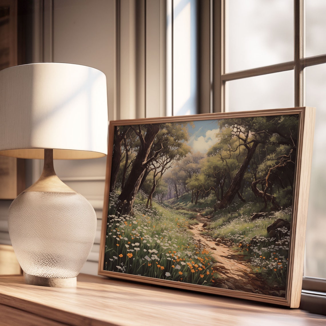 Woodland Path Through Flowering Oaks Daisies Vintage Forest Print - Image 3