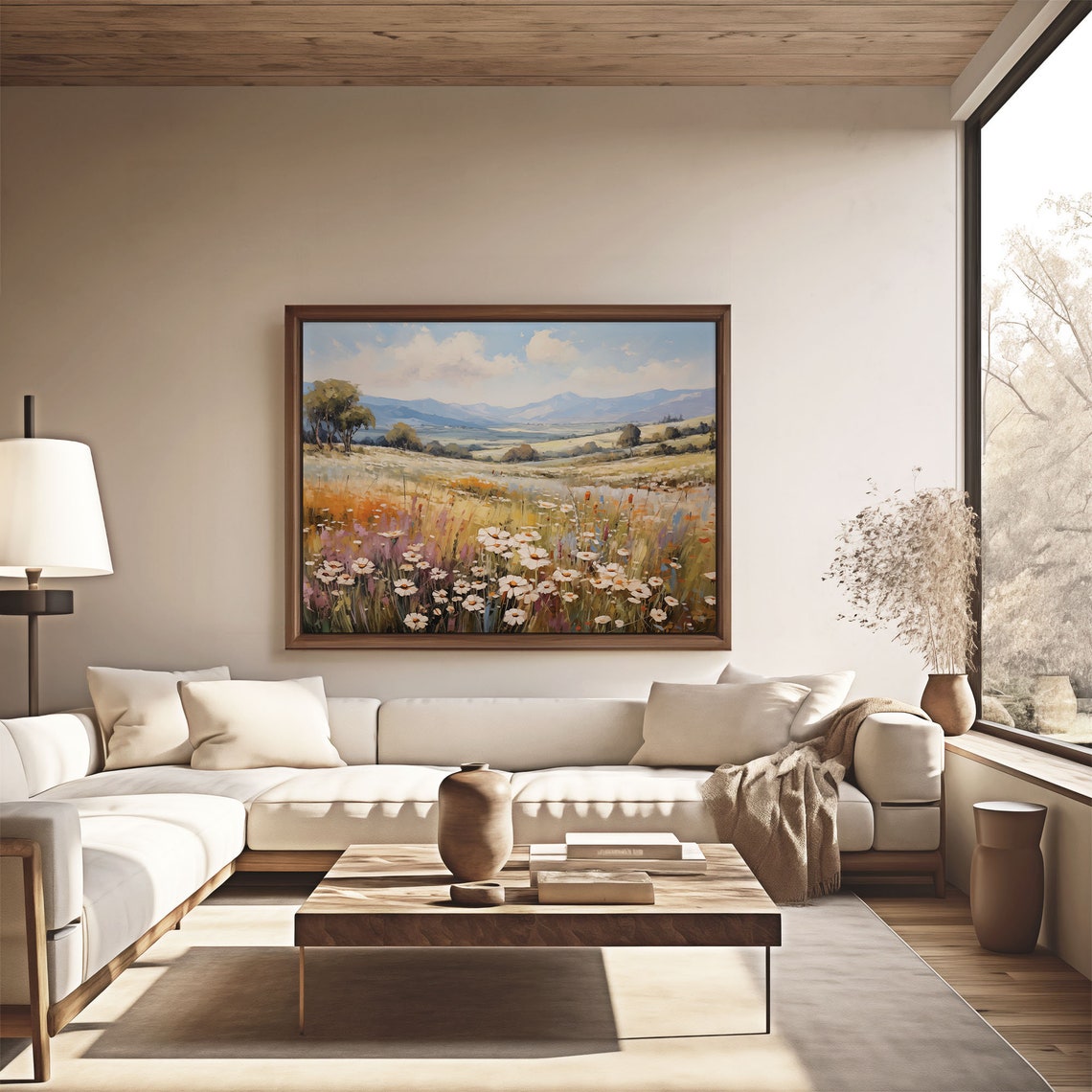 Daisy Meadow With Rolling Hills And Mountains Blue Sky Poster - Image 4