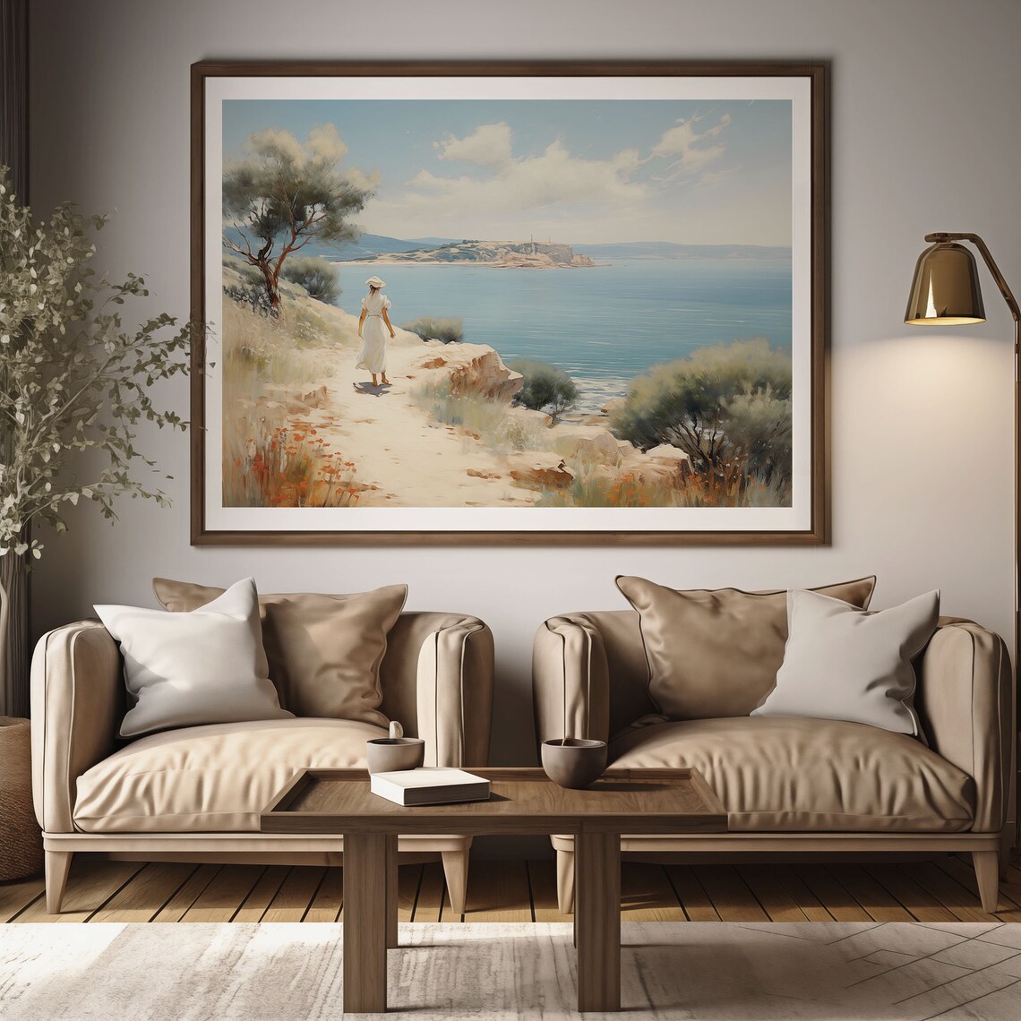 Woman Walking Seaside Path in White Dress Oil Painting Poster - Image 2