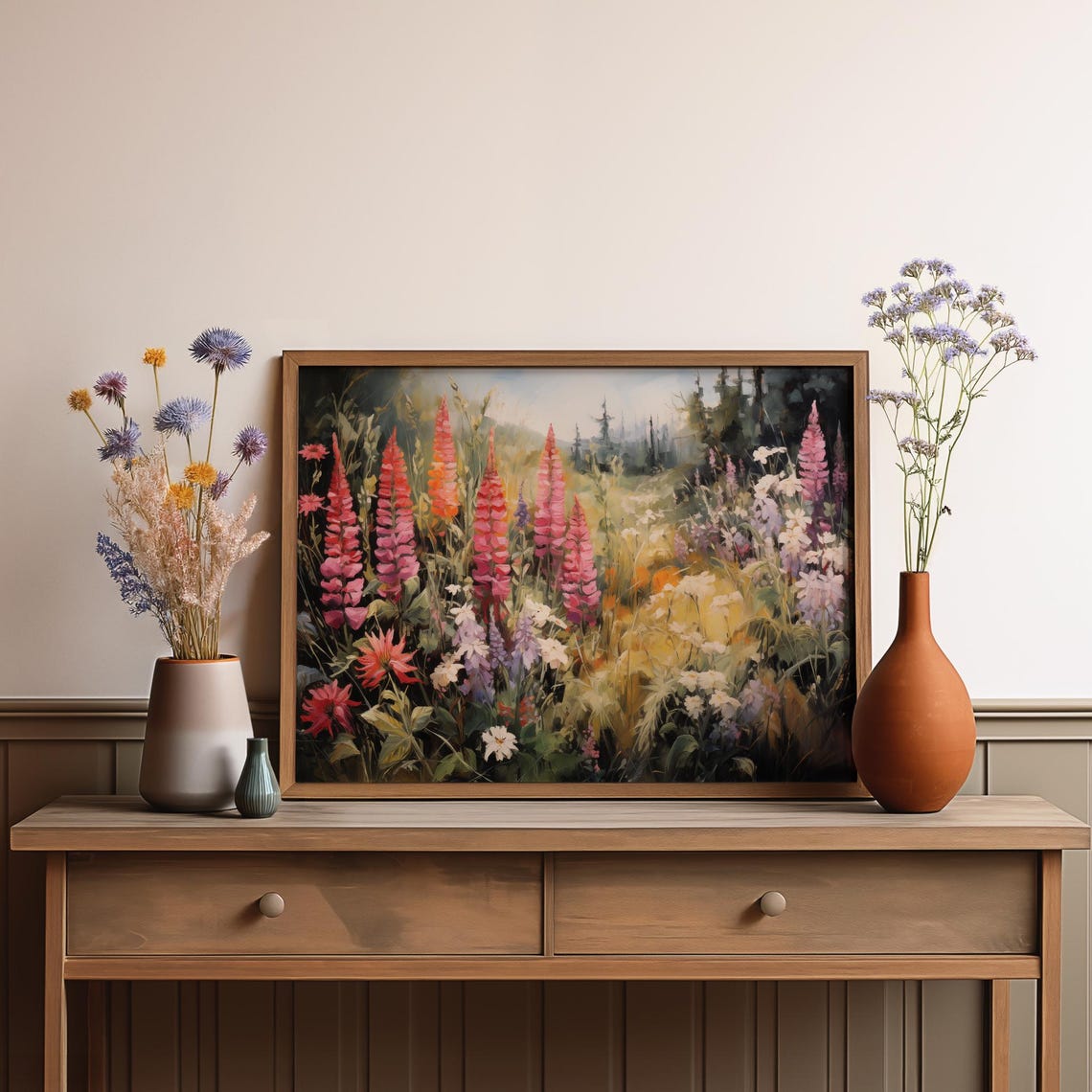 Vibrant Wildflower Meadow Painting Pink Lupine Garden Landscape Poster - Image 3