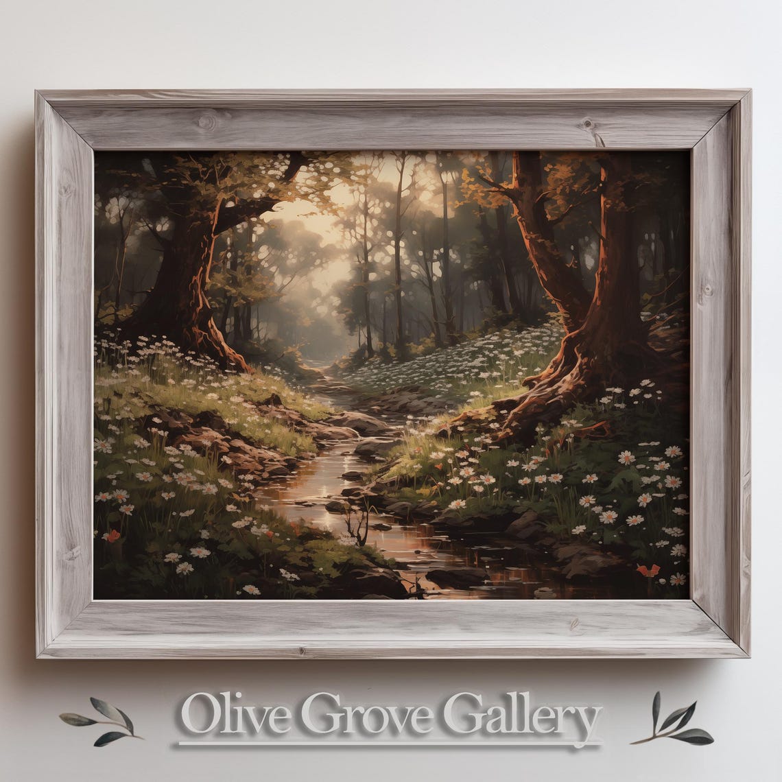 Mystical Forest Stream Daisy Meadow Sunlit Woodland Nature Art Poster