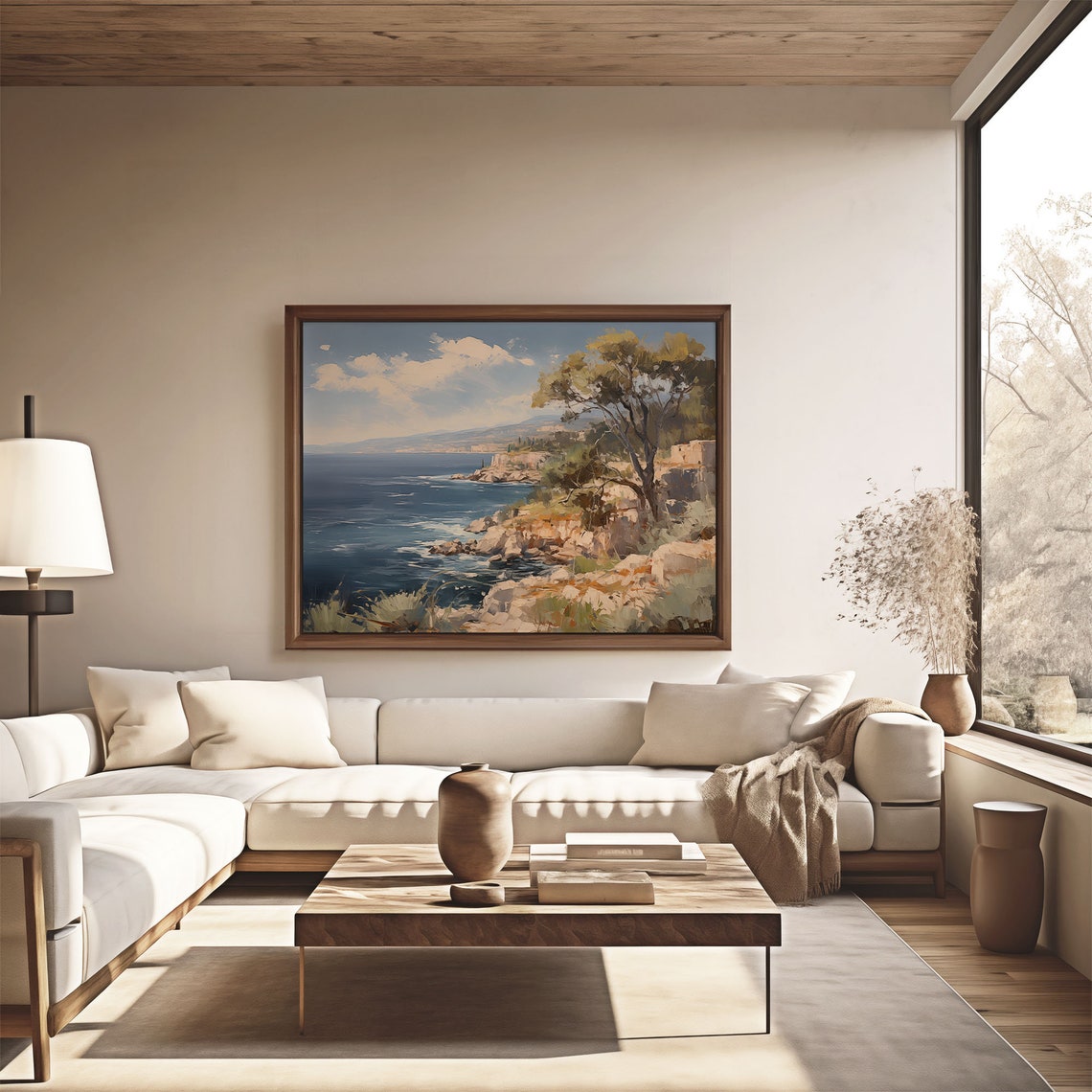 Rocky Coastal Cliffs Windswept Tree Blue Sea Oil Painting Poster - Image 4
