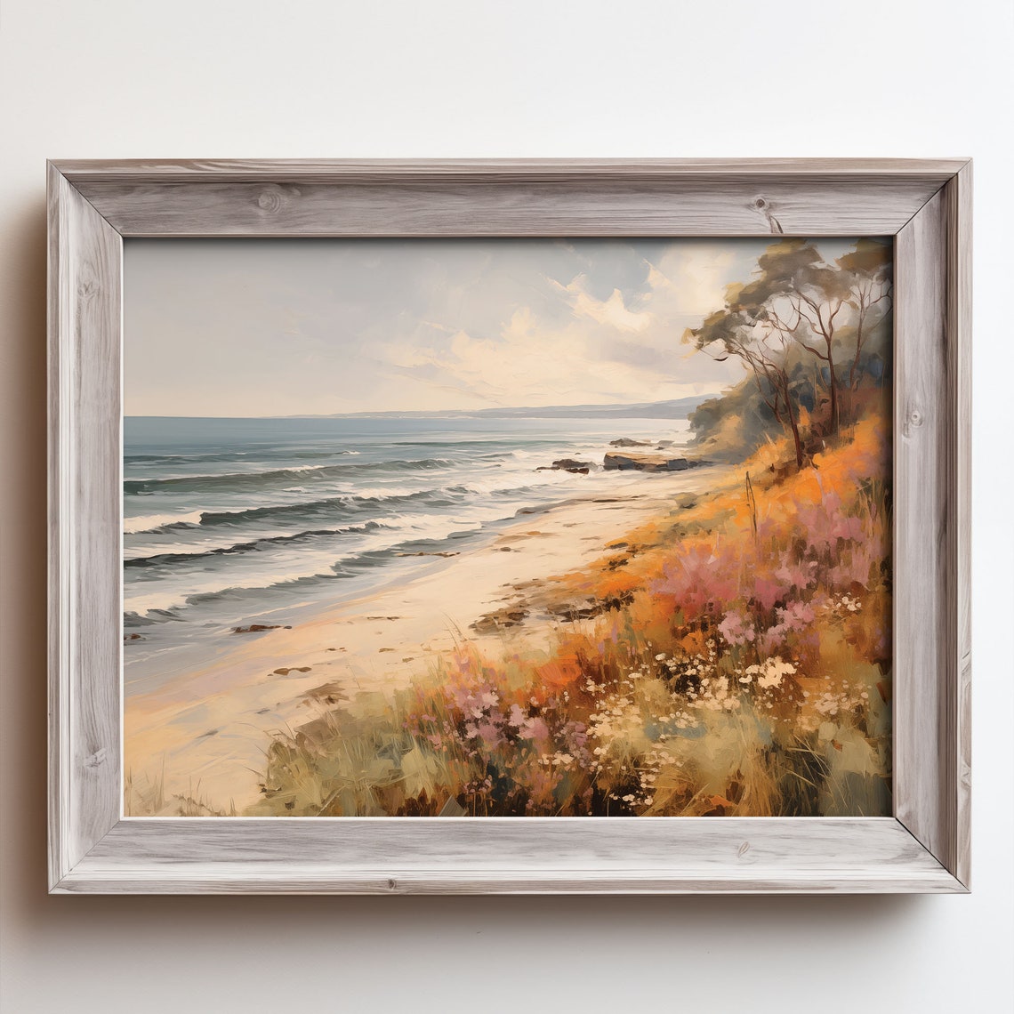 Sandy Beach Waves Wildflower Dune Ocean View Oil Painting Poster