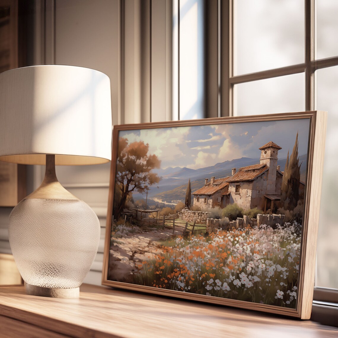 Stone Farmhouse Terracotta Roof Wildflower Field Mountains Oil Painting Poster - Image 3