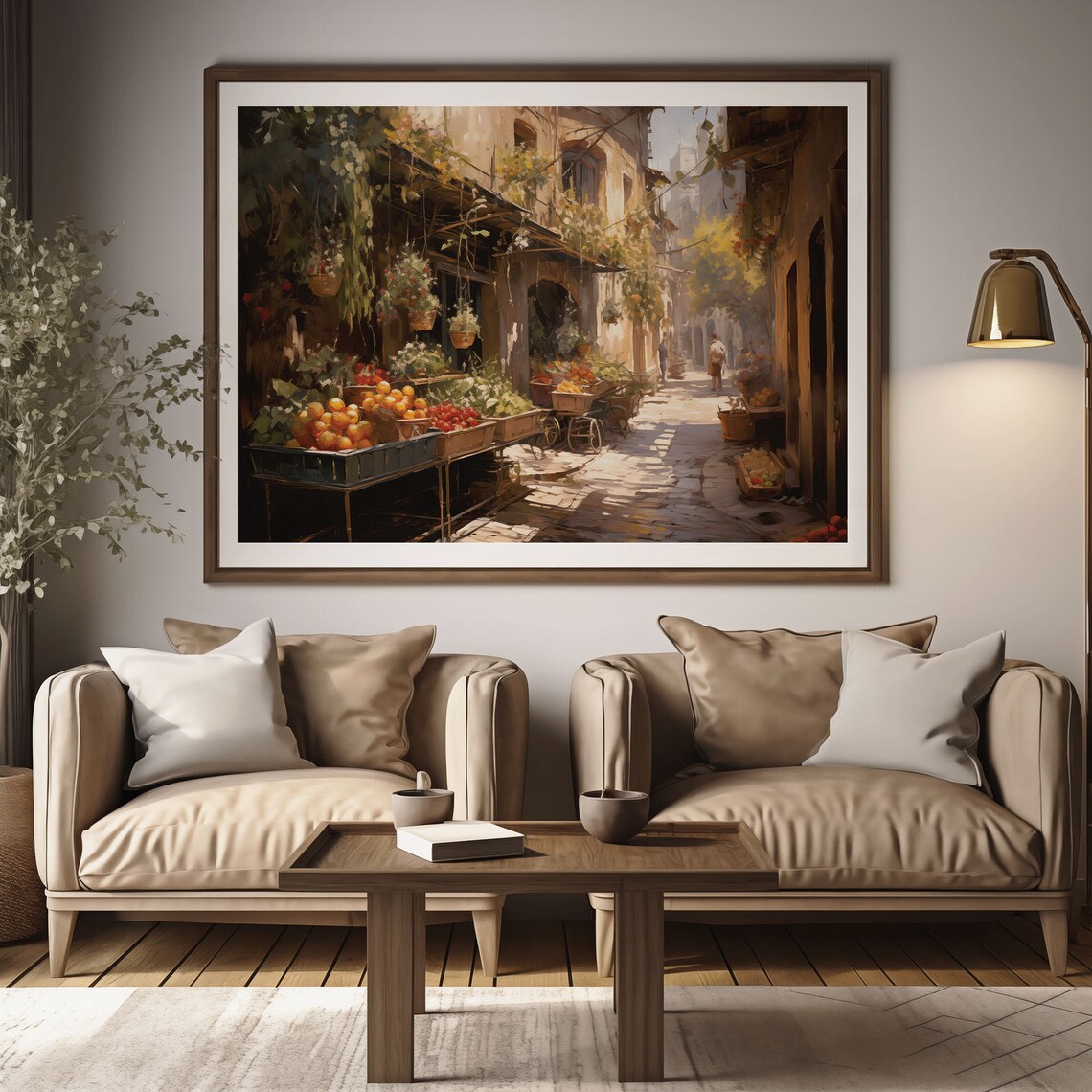 Italian Village Fruit Market Alley Sunlit Cobblestone Oil Painting Poster - Image 2